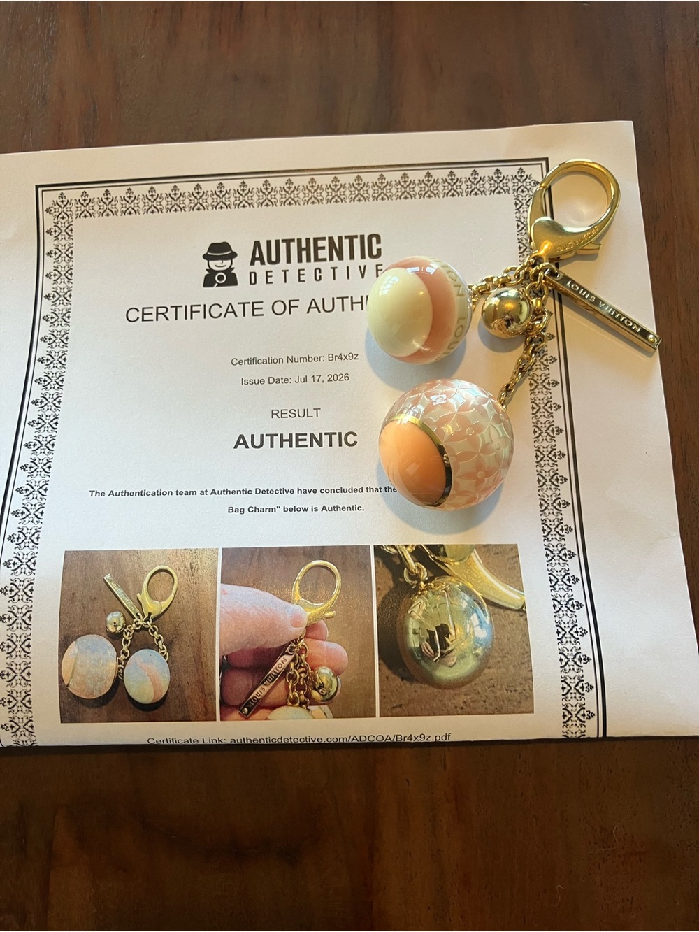 Louis Vuitton Peach and Pearl Two-Sphere Bag Charm comes with COA